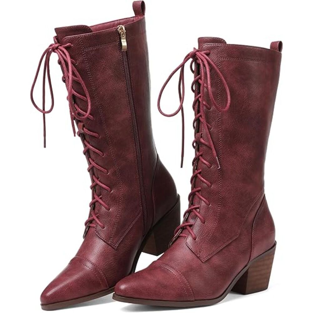 Women's Red Lace Up Chunky Heel Vintage Combat Heeled Dress Casual Boots